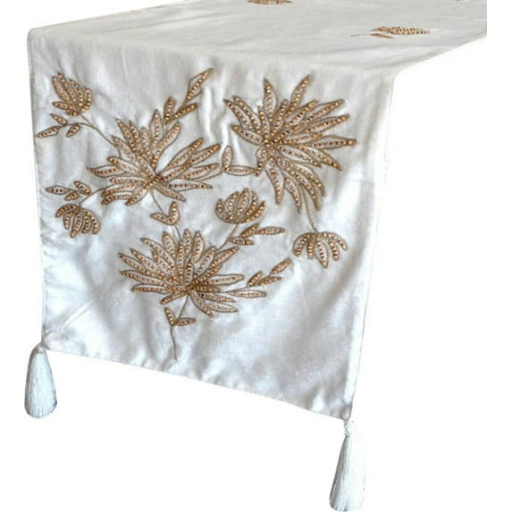 Handmade Decorative Table Runner Ivory, Brown, 14 inch wide x 108 inch extra long Velvet Ivory White Velvet with Hand Embroidery Table Runner, with Tassels Table Runner - Wooden Beads
