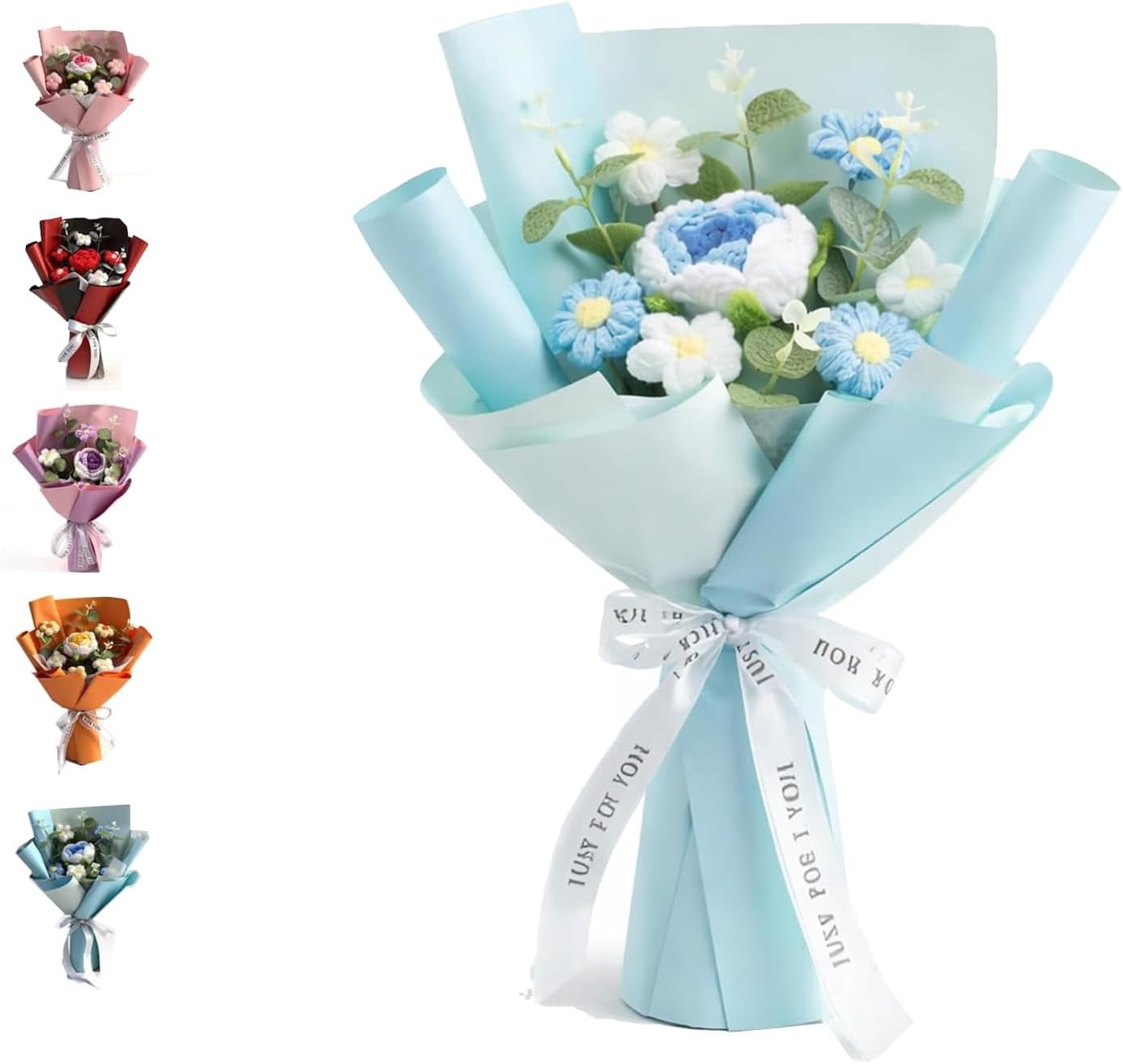 Handmade Delicate Crochet Flower Bouquet, Small Pink Tulips Artificial Flowers with Greeting Card, Handmade Knitted Flowers Bouquet for Party,Girlfriend,Mother's Day Handmade Felt Roses Kit (Blue)