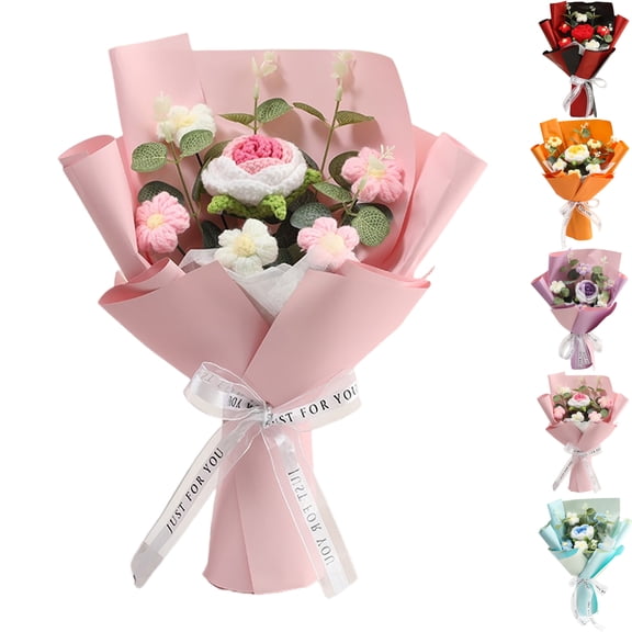 Handmade Delicate Crochet Flower Bouquet,Small Pink Tulips Artificial Flowers, Handmade Knitted Flowers Bouquet for Party,Birthday,Mother,Girlfriend (D)