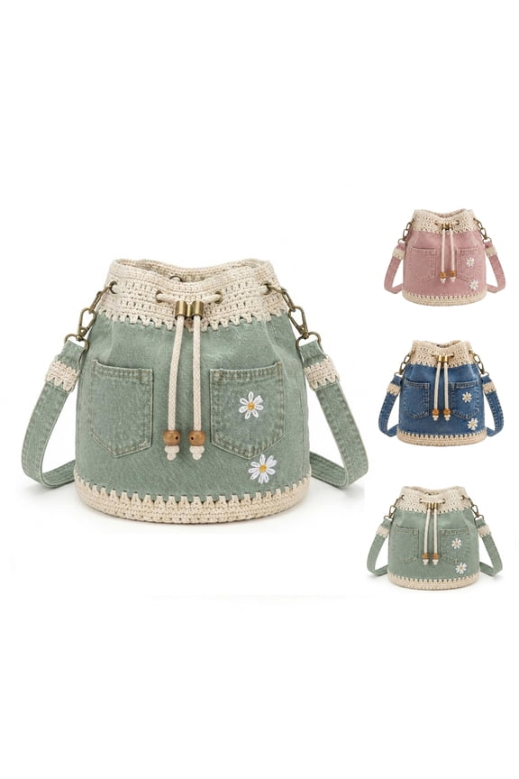 Handmade Denim Crochet Bucket Bag, DaisyEmbroidered Drawstring Crossbody Bag, Boho Denim Handbag with Adjustable Strap for Travel, Shopping, Beach & Daily Use