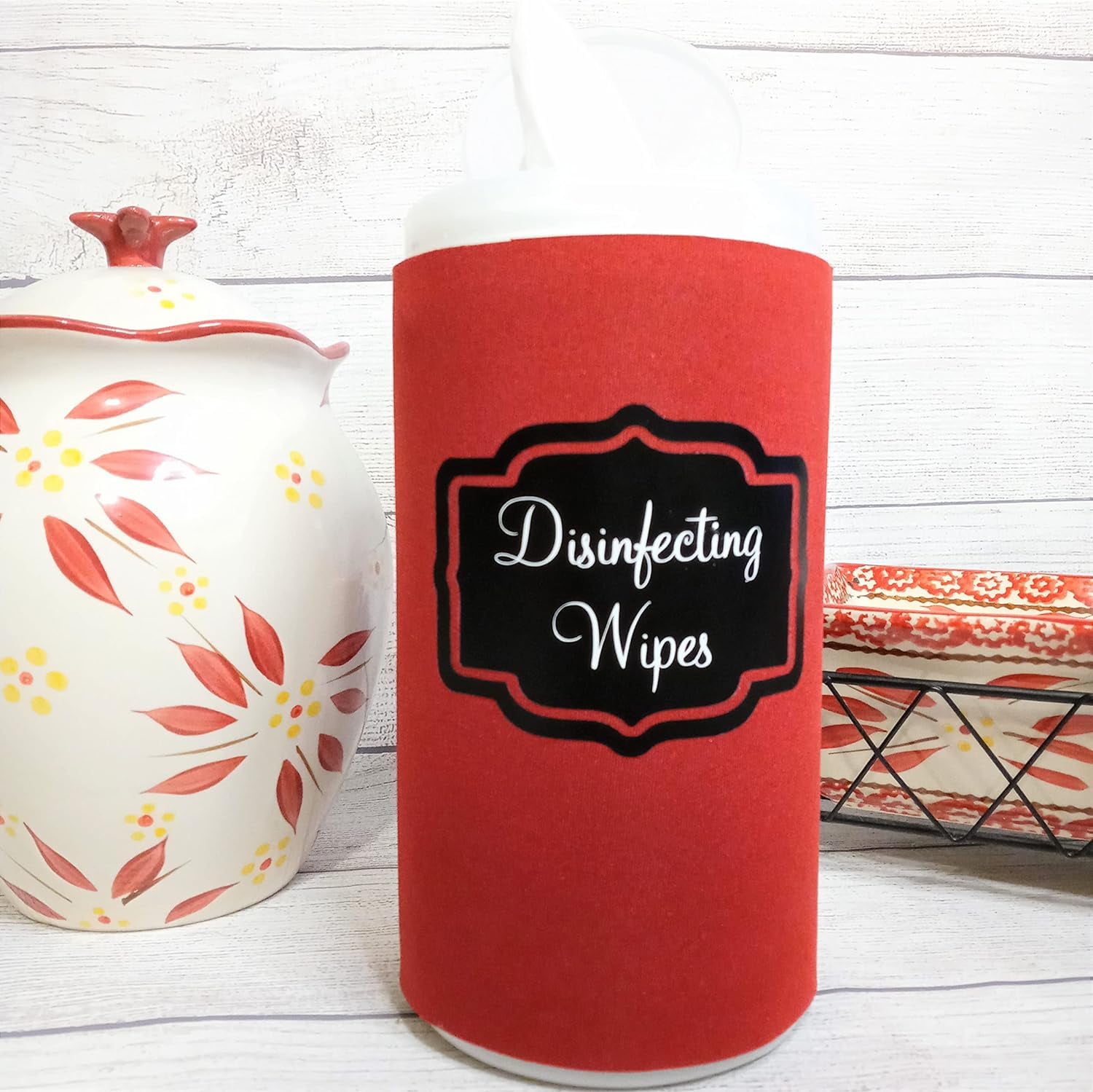 Handmade Disinfecting Wipe Cover Black Label And White Font (Large, Red)