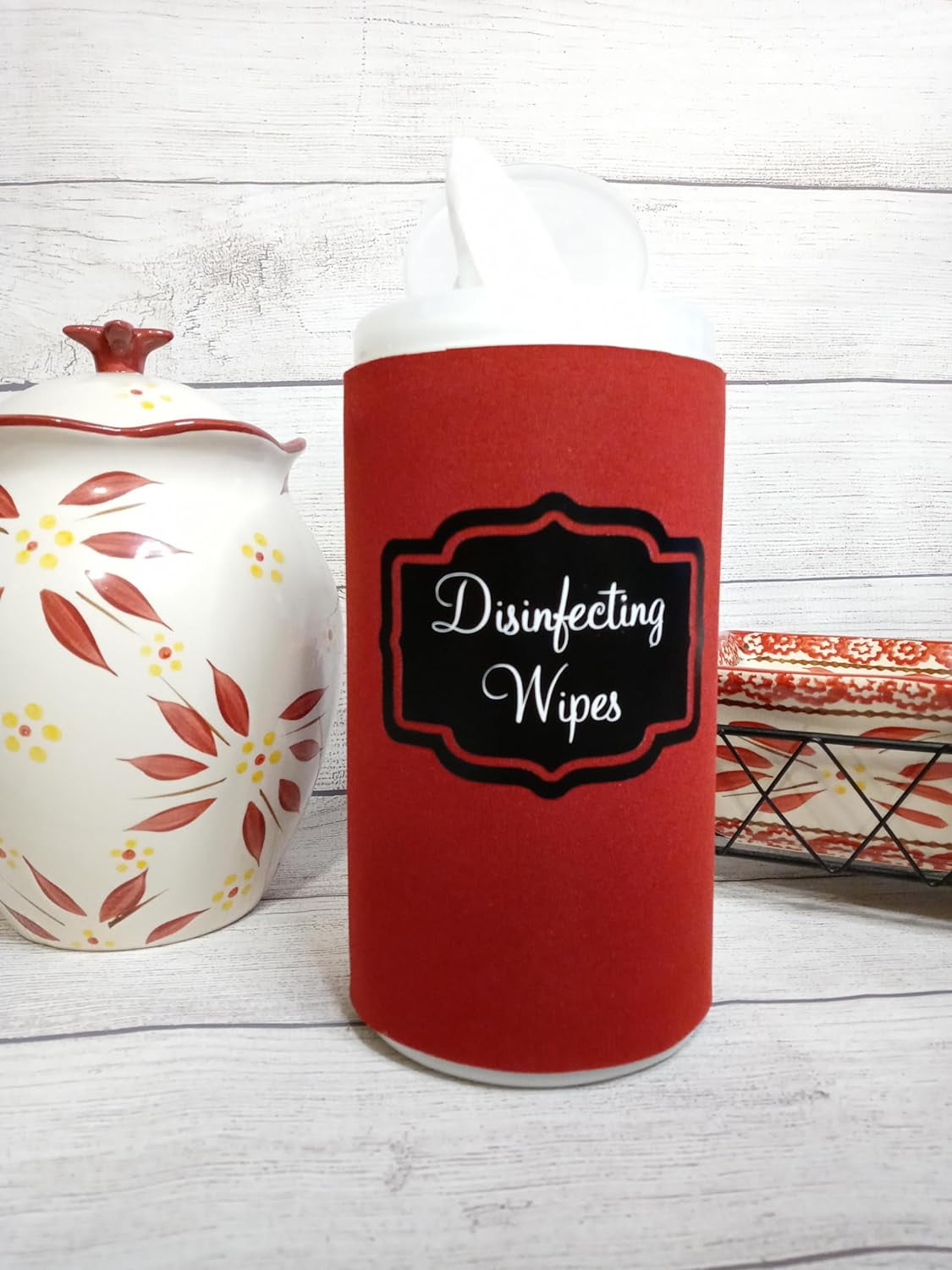 Handmade Disinfecting Wipe Cover Black Label and White Font (Small, Red)