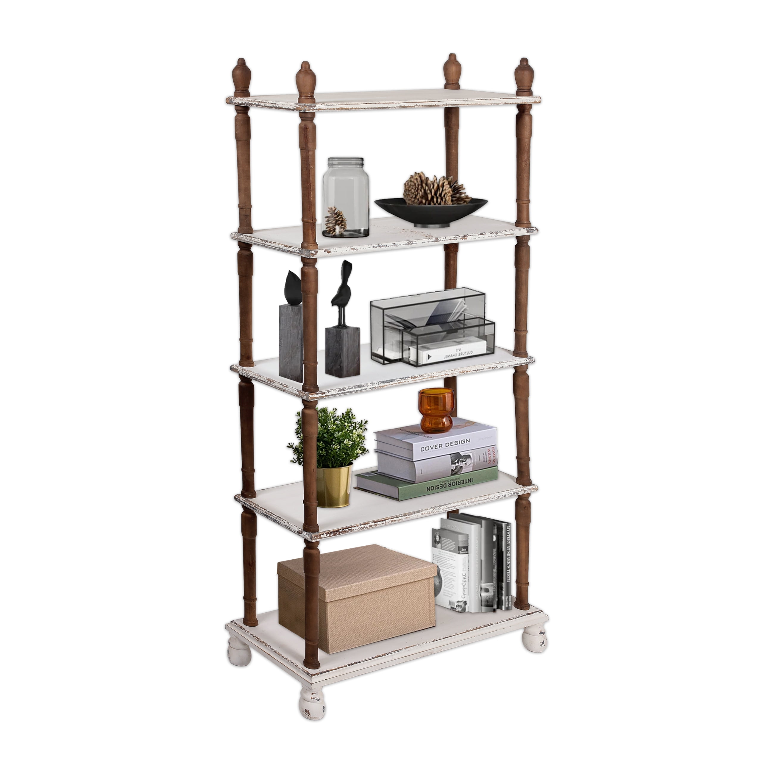 Handmade Distressed Bookcase White 5 Shelf, 74 inch Tall 5 Tier Wood