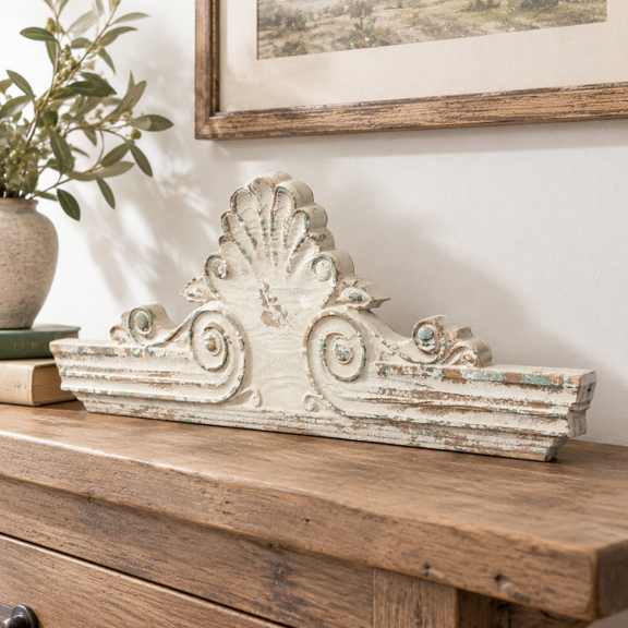 Handmade Distressed White Wooden Scroll Over-the-Door Wall Pediment