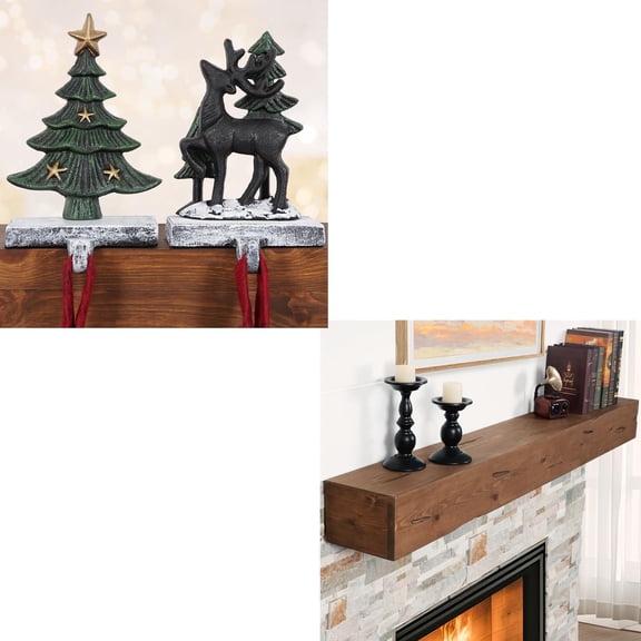 Handmade Distressed Wood Fireplace Mantel 54 Inch with Cast Iron Stocking