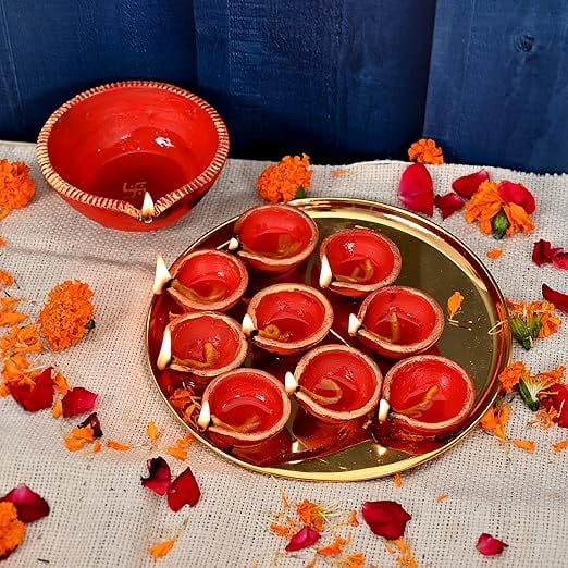 Handmade Diyas for Diwali Decoration | Hand Painted Clay Mitti Diya | Lanterns for Diwali Decoration | Decoration Mitti Diya | Handmade Colourful Diyas(10 Small Diya with 1 Big Diya)