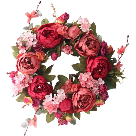 Handmade Door Decor Peony Floral Wreath, Artificial Wine Spring Door Wreaths for Front Door Outside,13.7'' Home Office Walls Holiday Decoration Wreath