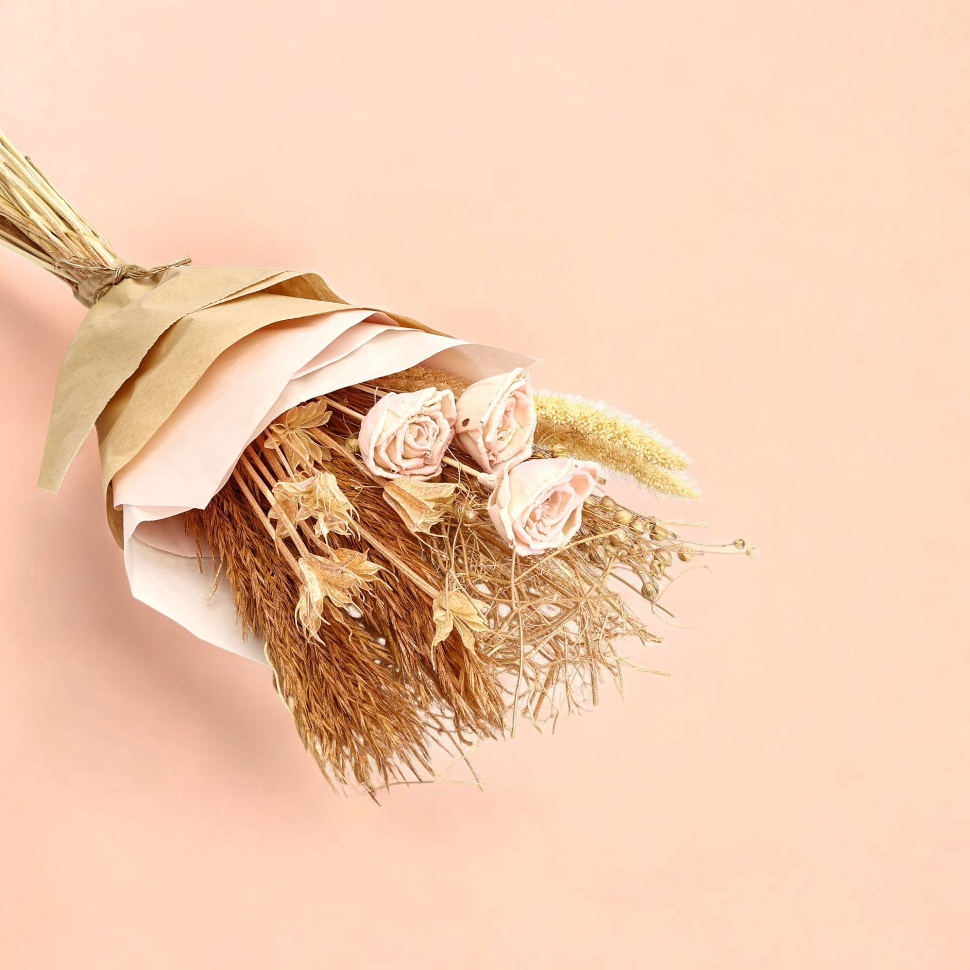 Handmade Dried Flower Bouquet with Pink Shola Flowers – Rustic Kraft Paper Wrap for Sustainable Home Decor & Thoughtful Gifting