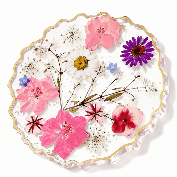 Handmade Dried Flowers Resin Coaster, Pink White Wave Shape Drink ...