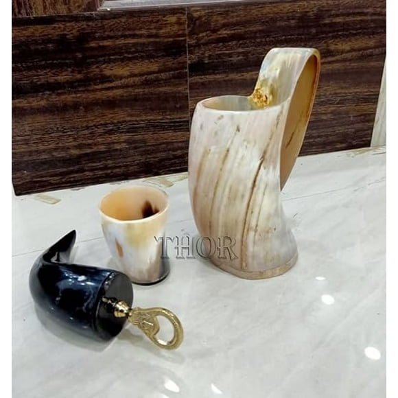Handmade Drinking Horn Mug Tankard | Drink Like Viking | Bottle Opener | Horn Shot Glass (3 Piece Set) Rustic Vintage Home Decor Gifts