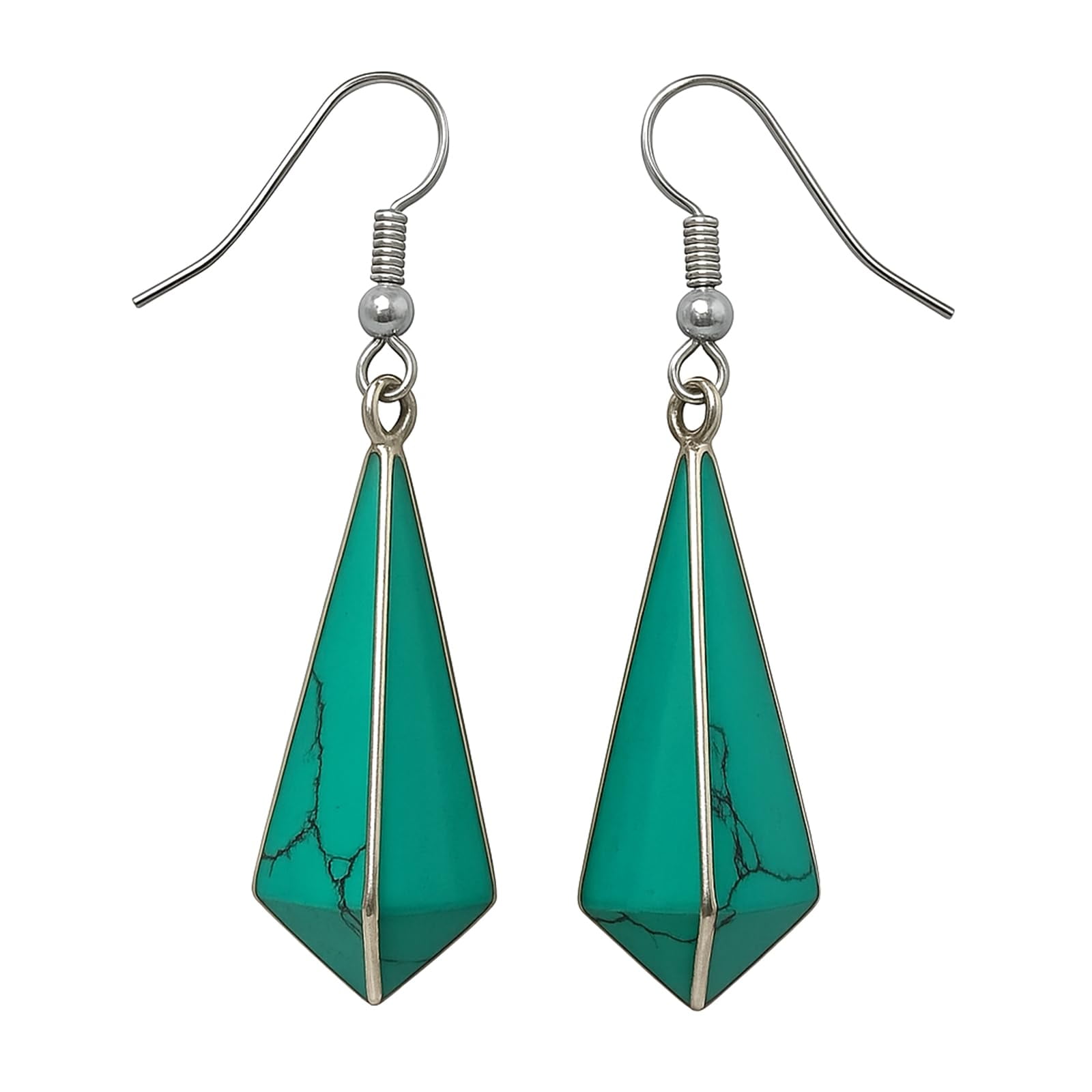 Handmade Drop Earrings for Women, Green Turquoise Gemstone Inlay Designer Jewelry, Silver Plated Boho Fashion Earring
