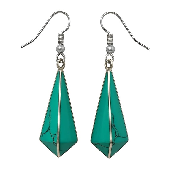 Handmade Drop Earrings for Women, Green Turquoise Gemstone Inlay Designer Jewelry, Silver Plated Boho Fashion Earring