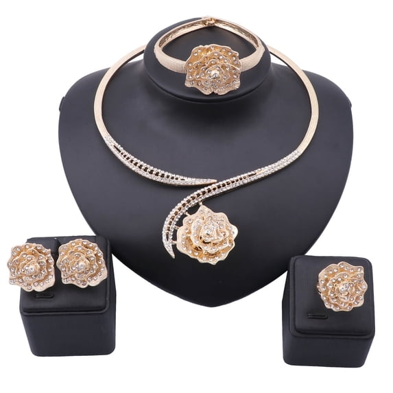 Handmade Dubai Gold Color Crystal Rose Flower Jewelry Fashion Wedding African Costume Necklace Earring Jewelry Sets