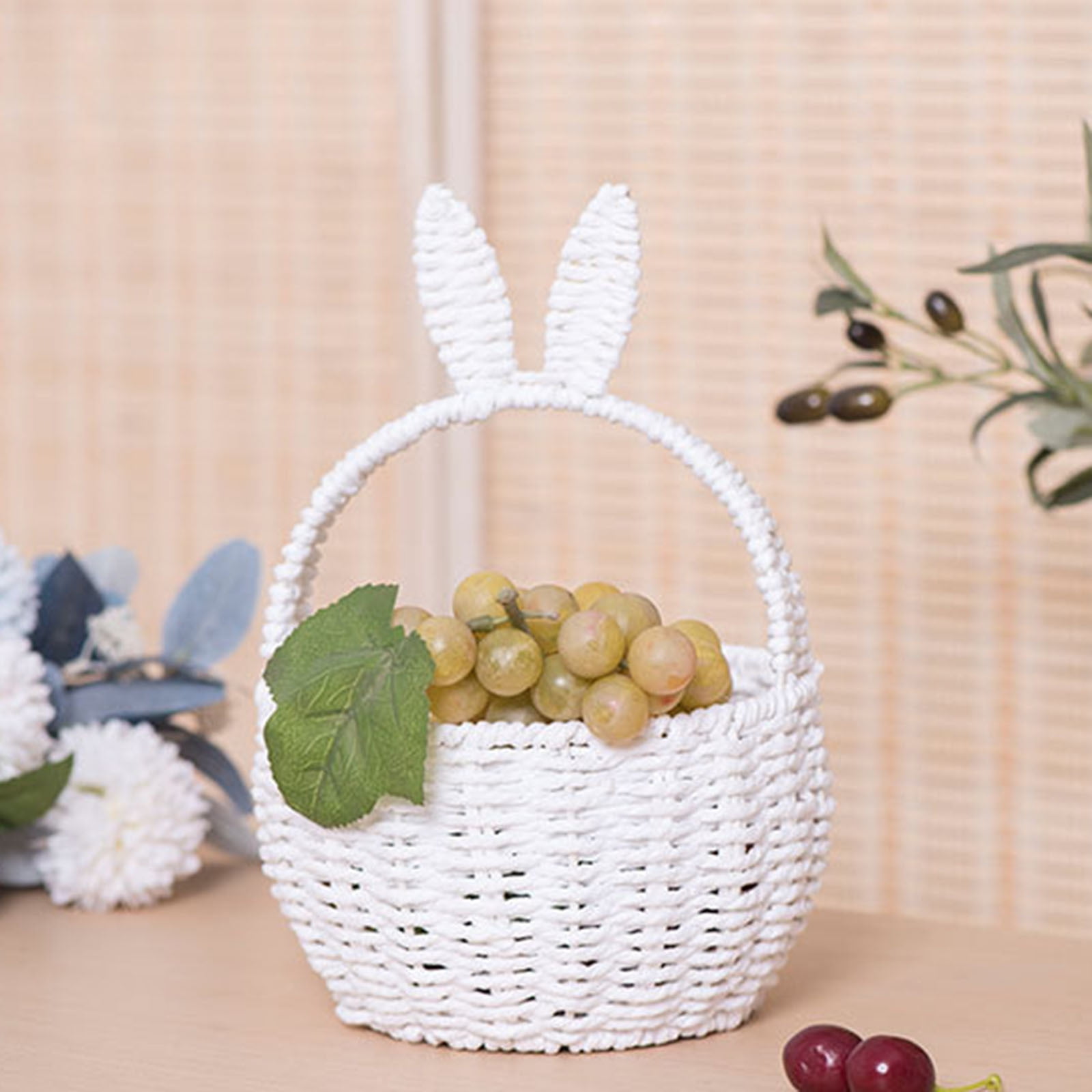 Handmade Easter Basket with Handle, Bunny Rattan Woven Basket, Rabbit Ear Straw Wicker Easter Egg Candy Basket for Easter Egg Hunting, Picnics, And Storage, Easter Gift Easter Baskets for