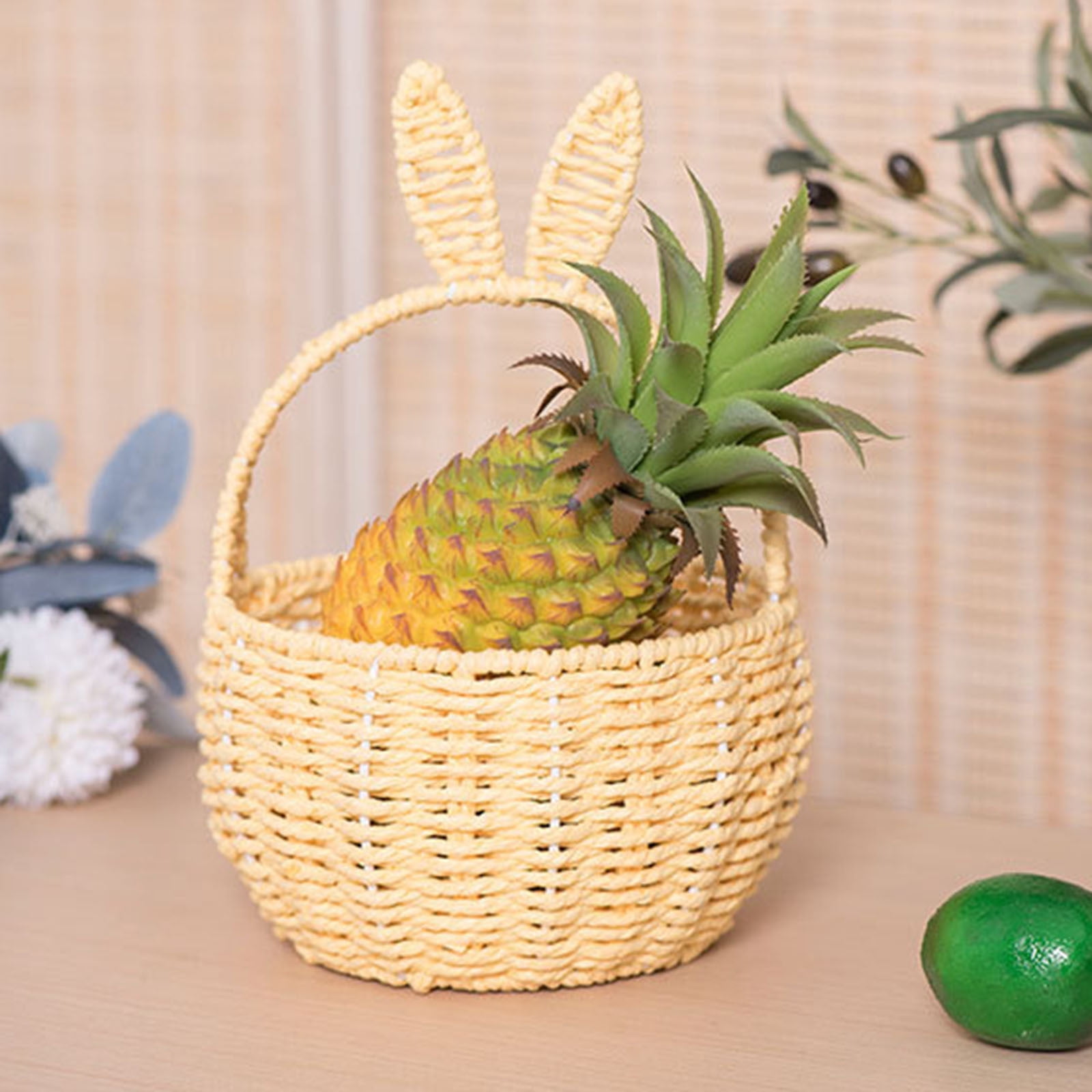 Handmade Easter Basket with Handle, Bunny Rattan Woven Basket, Rabbit Ear Straw Wicker Easter Egg Candy Basket for Easter Egg Hunting, Picnics, And Storage, Easter Gift Easter Baskets for