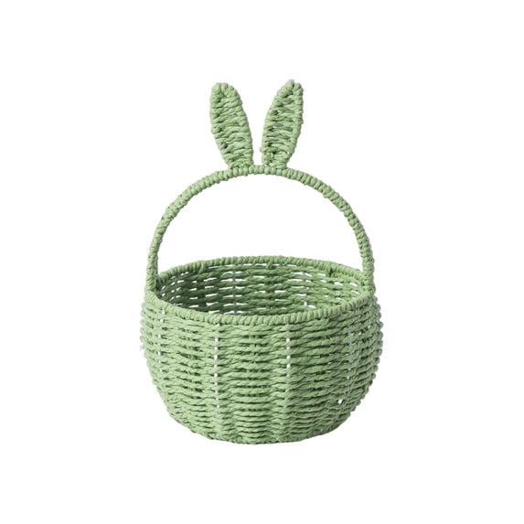 Handmade Easter Basket with Handle,Premium Handcrafted Easter Gift Basket,Rabbit Ear Straw Wicker Easter Egg Candy Basket for Easter Egg Hunting Green