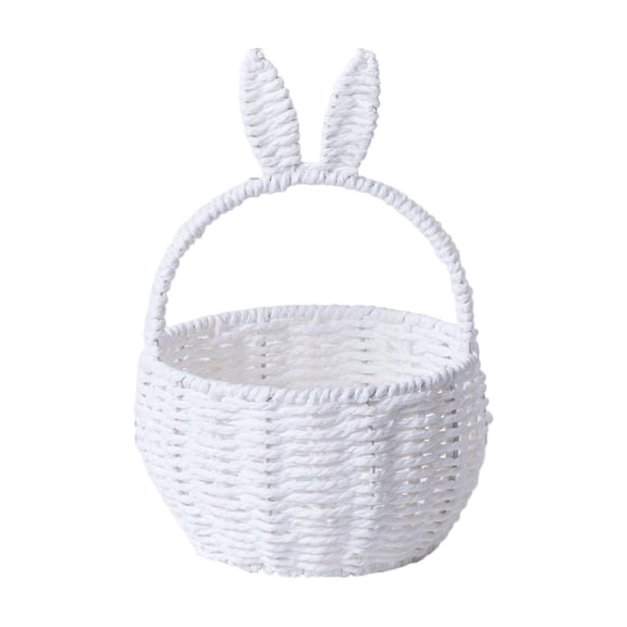 Handmade Easter Basket with Handle,Premium Handcrafted Easter Gift Basket,Rabbit Ear Straw Wicker Easter Egg Candy Basket for Easter Egg Hunting White