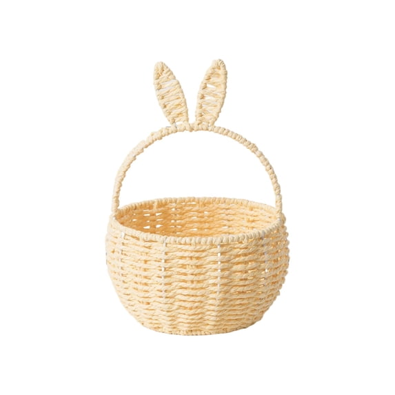 Handmade Easter Basket with Handle,Premium Handcrafted Easter Gift Basket,Rabbit Ear Straw Wicker Easter Egg Candy Basket for Easter Egg Hunting Yellow