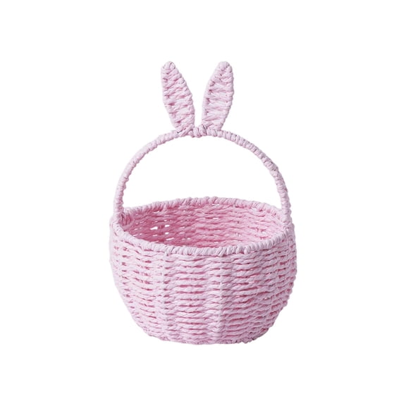 Handmade Easter Basket with Handle,Premium Handcrafted Easter Gift Basket,Rabbit Ear Straw Wicker Easter Egg Candy Basket for Easter Egg Hunting Pink