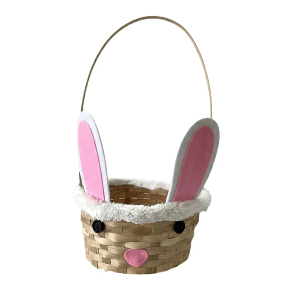 Handmade Easter Bunny Shaped Tote Basket, Bamboo Woven Rabbit Basket for Easter Decor and Gift Storage, Pink Easter Basket with Handle, Lightweight and Eco Friendly