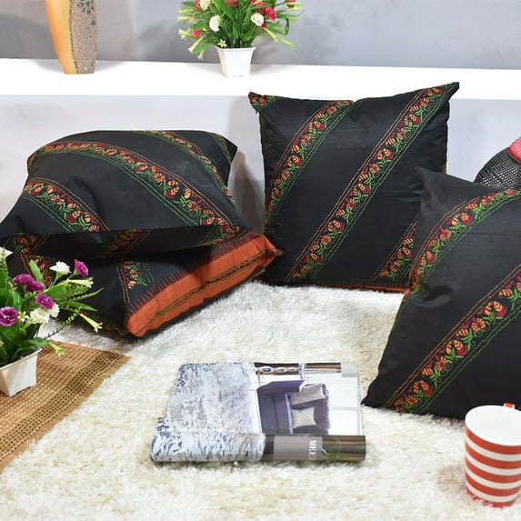 Handmade Eco-Friendly 16''x16'' Decorative Cushion Covers Floral Silk Black Indoor Pack Of 2