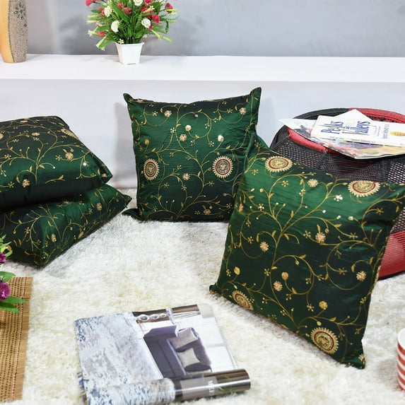 Handmade Eco-Friendly 16''x16'' Decorative Cushion Covers Floral Silk Green Indoor Pack Of 2