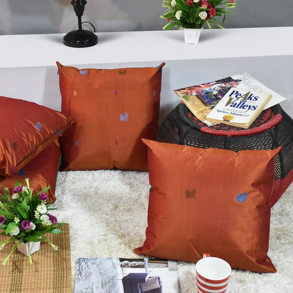 Handmade Eco-Friendly 16''x16'' Decorative Cushion Covers Floral Silk Orange Indoor Pack Of 2