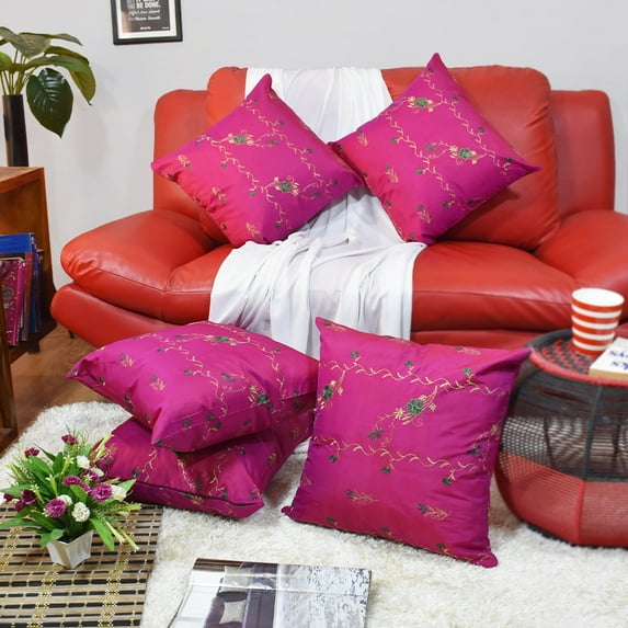 Handmade Eco-Friendly 16''x16'' Decorative Cushion Covers Floral Silk Pink Indoor Pack Of 2