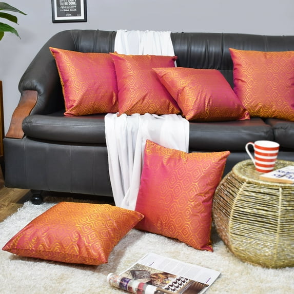 Handmade Eco-Friendly 16''x16'' Decorative Cushion Covers Motif Silk Orange Indoor Pack Of 2