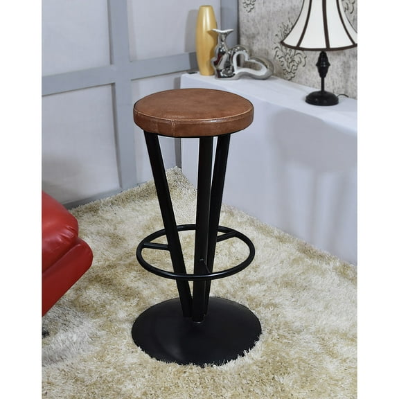 Handmade Eco-Friendly Iron & Leather Contemporary Pattern Round Shaped 18.11'' x 18.11'' x 31.50'' Black Tan Color for Bars, Restaurants, Kitchen, Dinning Room