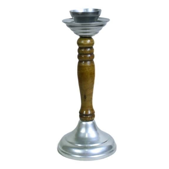 Handmade Eco-Friendly Silver Color Coated Iron & Wood Traditional Pillar 8.26'' x 3.5'' x 3.5'' Inches Candle Holder for Living Room, Dinning Room, Study Room, Spa, Restaurants, Place Of Worship, etc