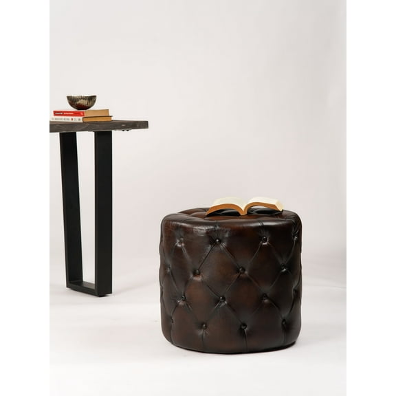 Handmade Eco-Friendly Geometric Leather Pouf Black Color Round 16" x 16" x 16" Leather Pouf For Living Room, Bedroom Seating, Patio WABBBACPF39SC2B