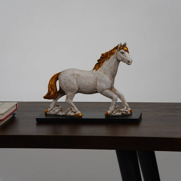 Handmade Eco-Friendly Vintage Resin Antique Finish White Gold Sculpture-Horse 12"x9"x3.5" For Living Room, Dining Room, Study Room, Spa, Restaurants, Kitchen table, Bedroom, Counter, Place Of Worship
