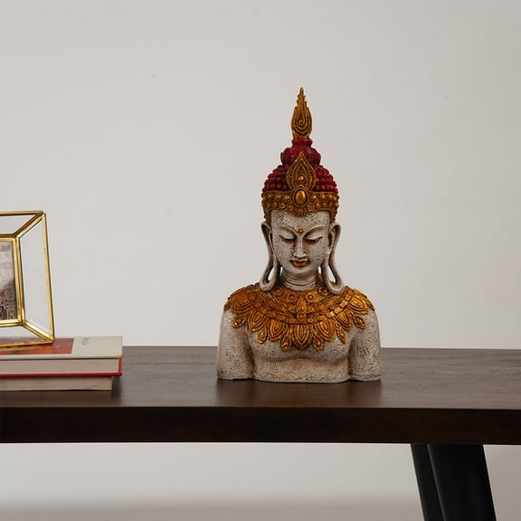 Handmade Eco-Friendly Vintage Resin Antique White Gold Sculpture-Buddha Face 15"x5"x4" For Living Room, Dining Room, Study Room, Spa, Restaurants, Kitchen table, Bedroom, Counter, Place Of Worship