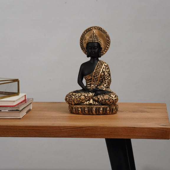 Handmade Eco-Friendly Vintage Resin Black Gold Sculpture-Lord Buddha 11"x7"x4.5" For Living Room, Dining Room, Study Room, Spa, Restaurants, Kitchen table, Bedroom, Counter, Place Of Worship, etc.