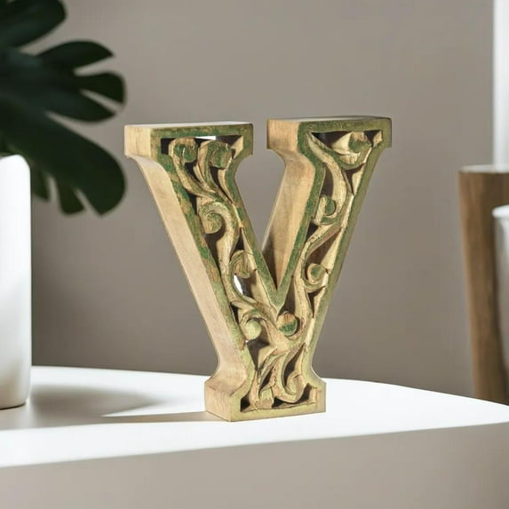 Handmade Eco-Friendly Wall Mount & Table Top Décor Natural-Gold Foil "V" Wood Alphabet Letter Block