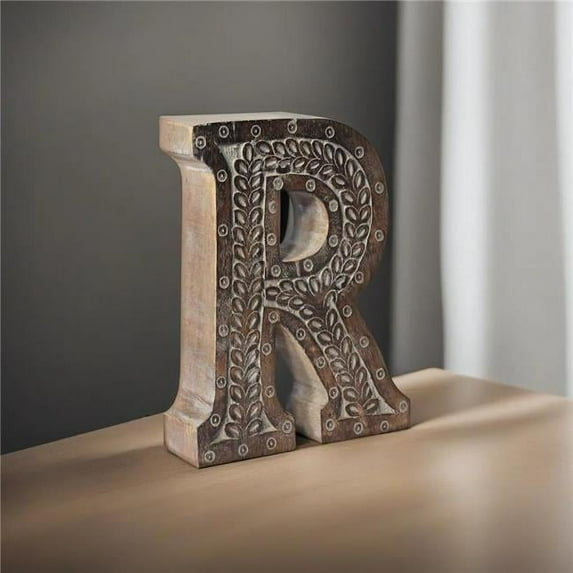 Handmade Eco-Friendly Wall Mount & Table Top Decor Gray Antique R Wood Alphabet Letter Block