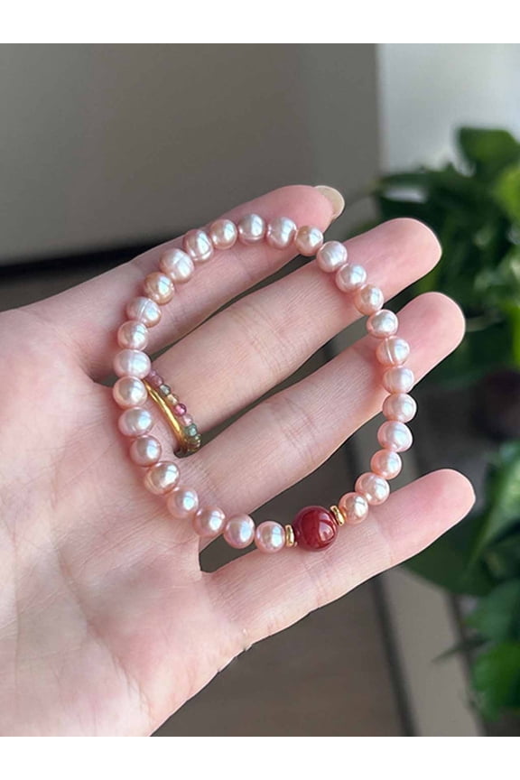 Handmade Elegant Blush Pearl Bracelet with Ruby Red Accent | Dainty Adjustable Pearl Jewelry for Women