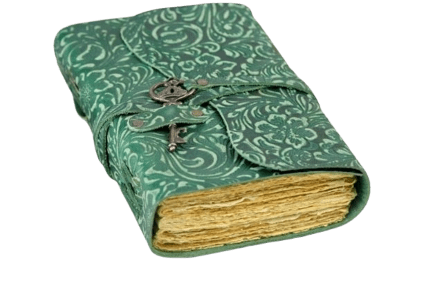 Handmade Embossed Green Leather Journal – 5x7 Inch Vintage Notebook with 200 Handmade Paper Pages, Wrap Closure, Antique Key Charm – Rustic Writing Diary, Sketchbook & Gift