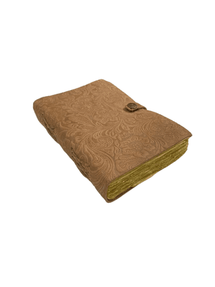 Handmade Embossed Leather Journal – 5x7 inch Vintage Brown Notebook, 200 Handmade Paper Pages, Floral Pattern Cover, Button Closure, Artisan Diary