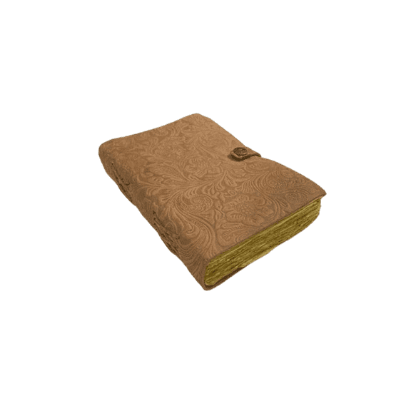 Handmade Embossed Leather Journal – 5x7 inch Vintage Brown Notebook, 200 Handmade Paper Pages, Floral Pattern Cover, Button Closure, Artisan Diary