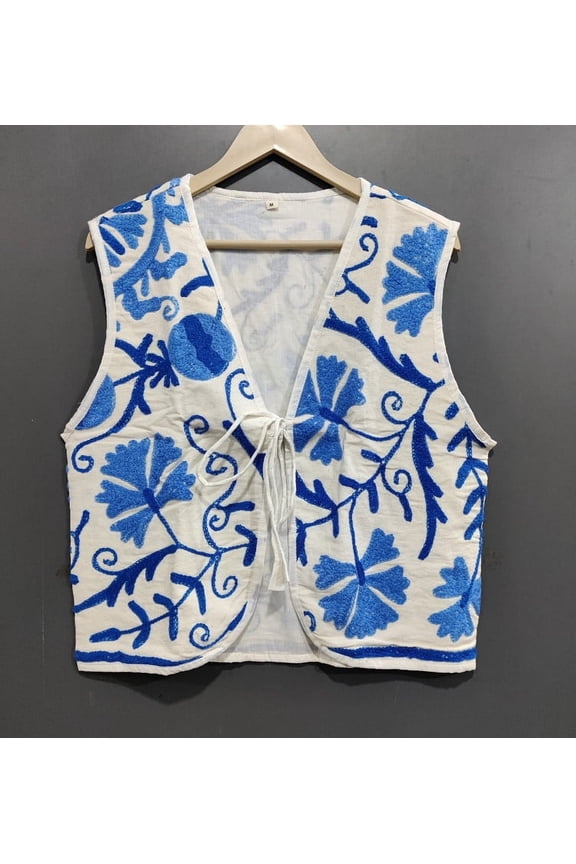 Handmade Embridered Sleeveless Blue-White Jacket Cotton Quilted Drawstring Closure Upperwear for Women's