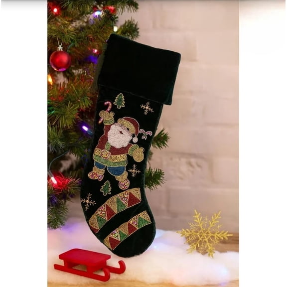 Handmade Embroidered Santa Christmas Green Stocking 21" Velvet