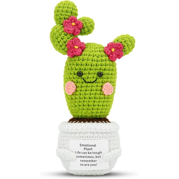 Handmade Emotional Pickle Gift, Emotional Cucumber Crochet Doll Inspirational Gifts with Cards, Cute Knitted Funny Support Pickle Potato Friend Birthday (Blossom Cactus)