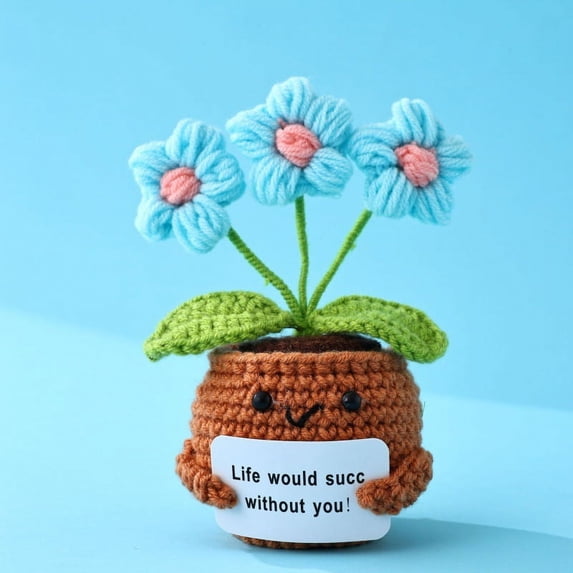 Handmade Emotional Support Blue Potted Plants, Positive Crochet Doll with Card, Inspirational Small Handmade Knitted, Funny Gifts for Women Men Birthday Friends Coworkers, Office Decor