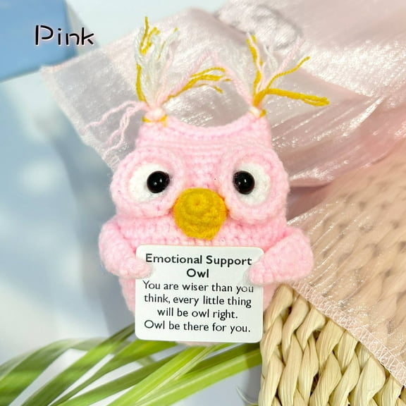 Handmade Emotional Support Pink Owl, Positive Crochet Doll with Card, Inspirational Small Handmade Knitted, Funny Gifts for Women Men Birthday Friends Coworkers, Office Decor