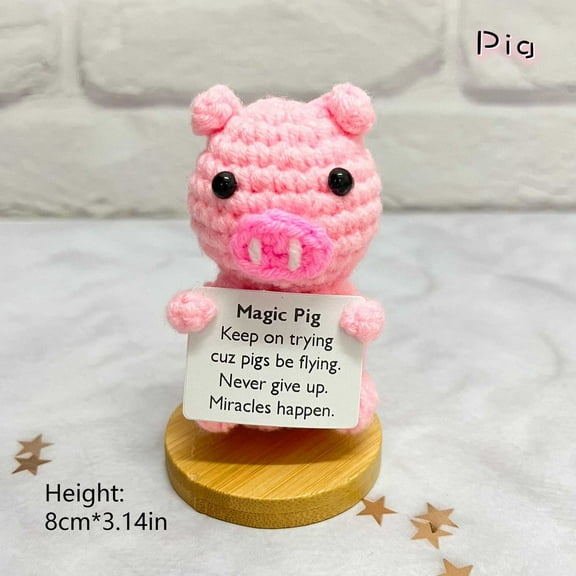 Handmade Emotional Support Pink Pig, Positive Crochet Doll with Card, Inspirational Small Handmade Knitted, Funny Gifts for Women Men Birthday Friends Coworkers, Office Decor