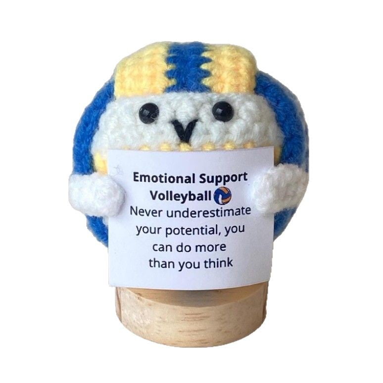 Handmade Emotional Support Volleyball, Positive Crochet Doll with Card, Inspirational Small Handmade Knitted, Funny Gifts for Women Men Birthday Friends Coworkers, Office Decor(with base)