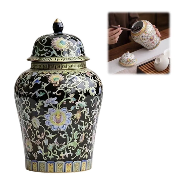 Handmade Enamel Ginger Jar with Lid, Chinoiserie For Decor Ceramic Vase