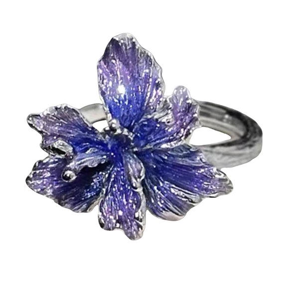 Handmade Enameled Blue Flower Rings Adjustable Sizing Comfort Fit All Day Wear Alloy Jewelry for Her